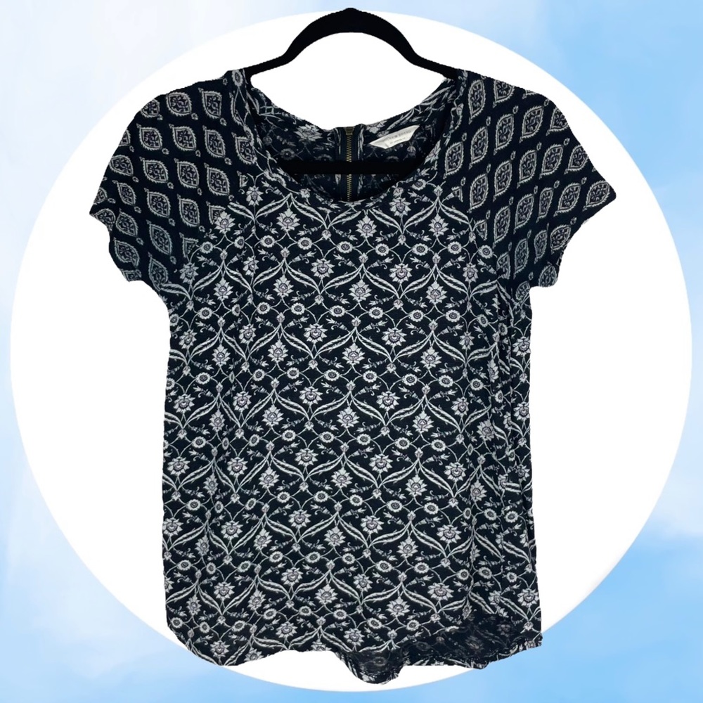 Lucky Brand Black Paisley Print Zipper Short Sleeve Tee Blouse Extra Small
